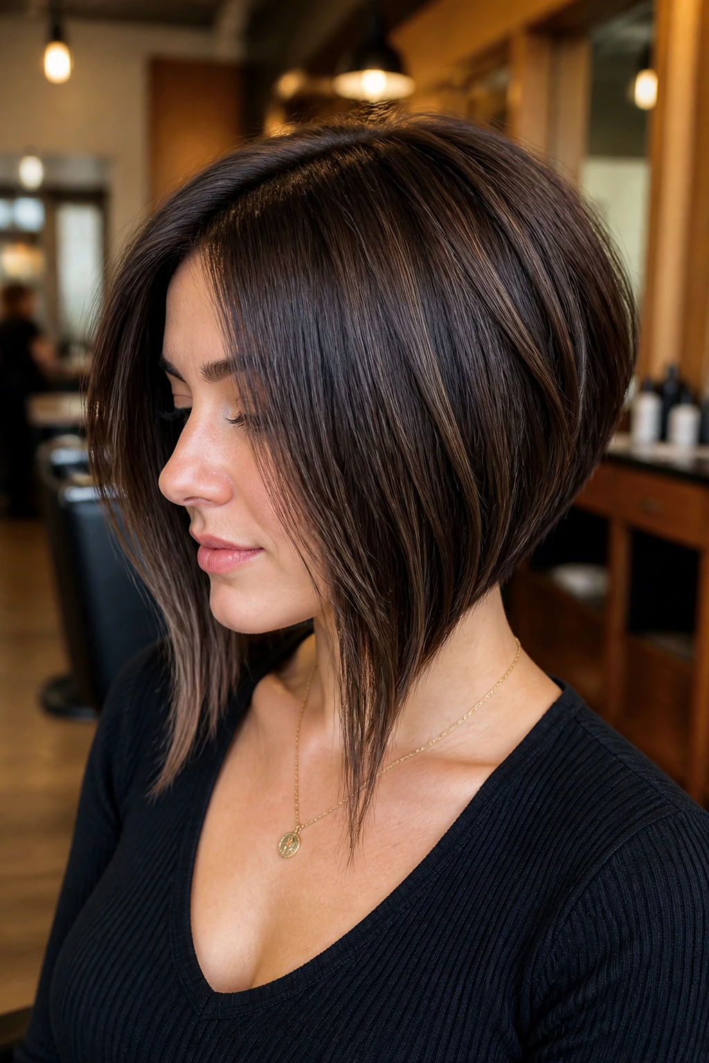Real woman with stacked bob showing front pieces below chin.