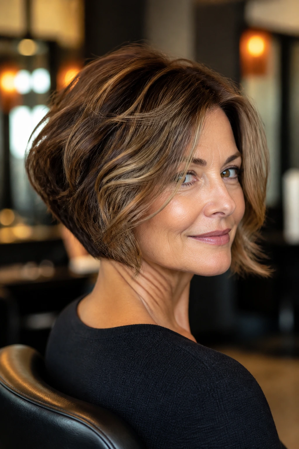 Portrait of a woman with stacked bob showing crown volume and face-framing front