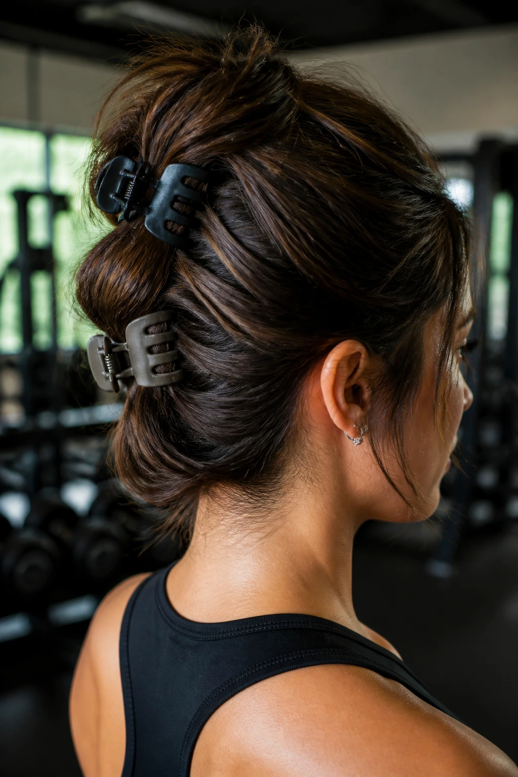 Close-up portrait of a real woman with stacked claw clips at crown and nape