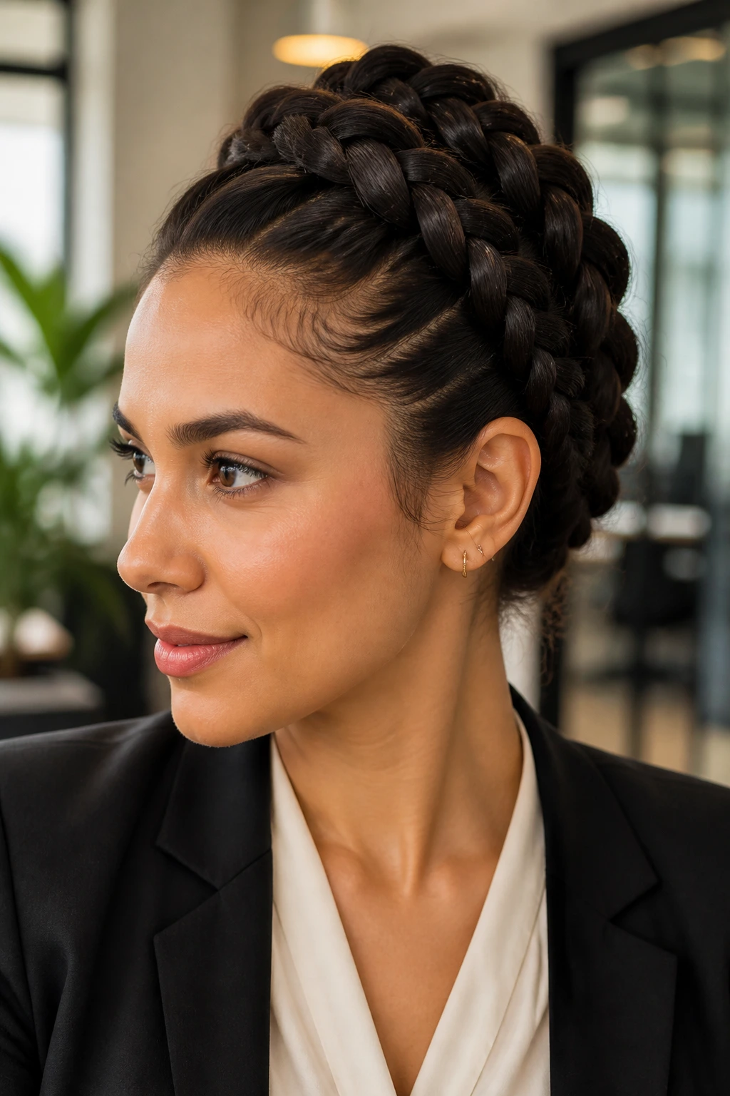 Close-up of a real woman wearing a stacked Dutch braid at the crown in a neutral office backdrop