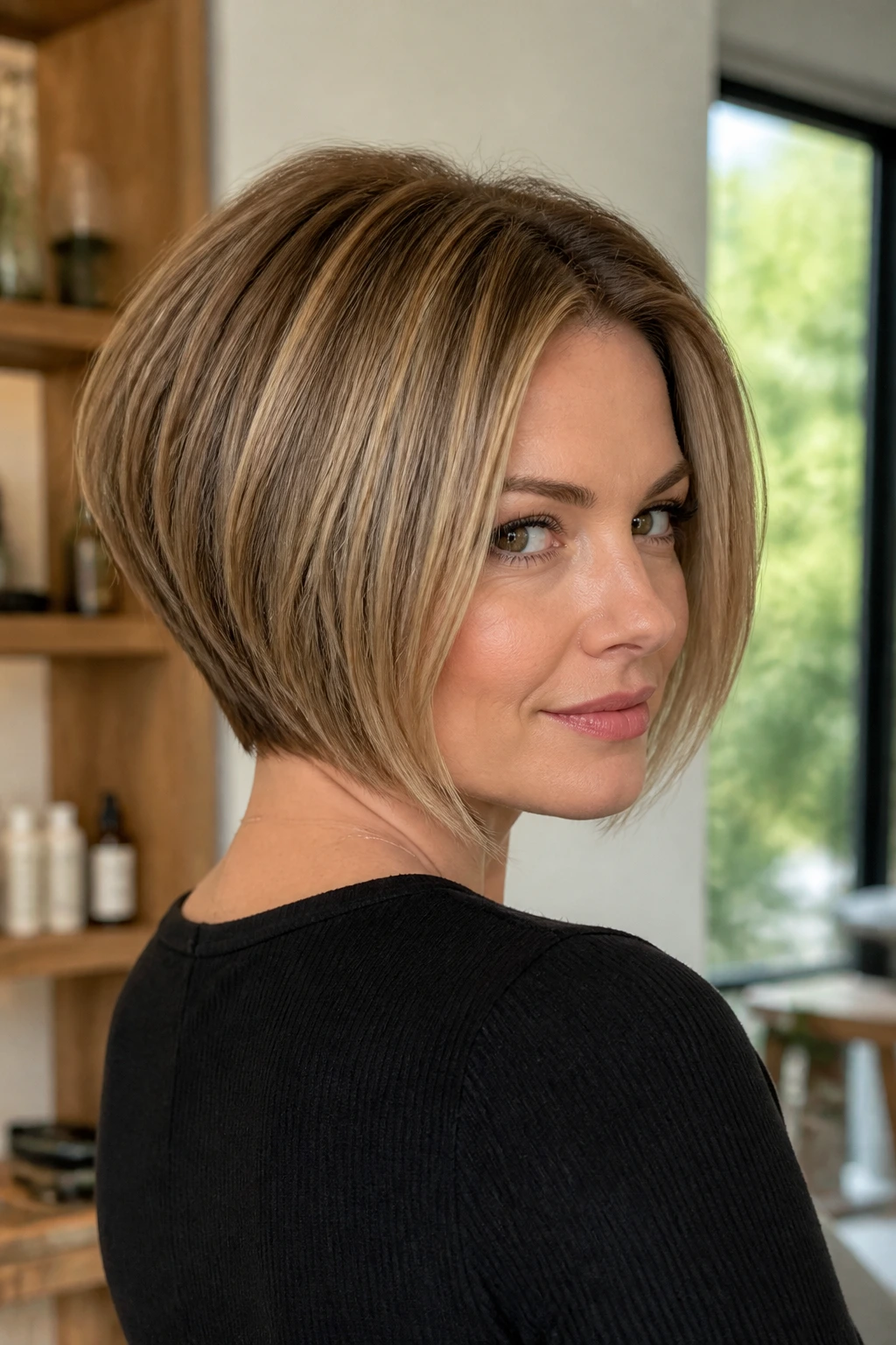 Close-up of a woman with stacked graduated bob showing back nape volume in a sunlit salon