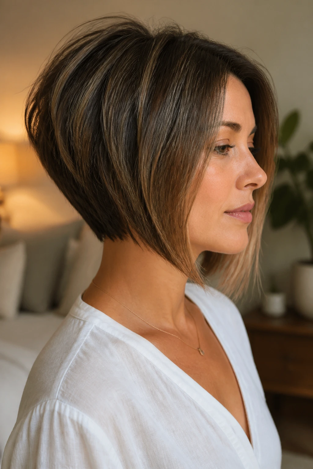 Close-up portrait of a real woman with a stacked inverted bob and crown volume.