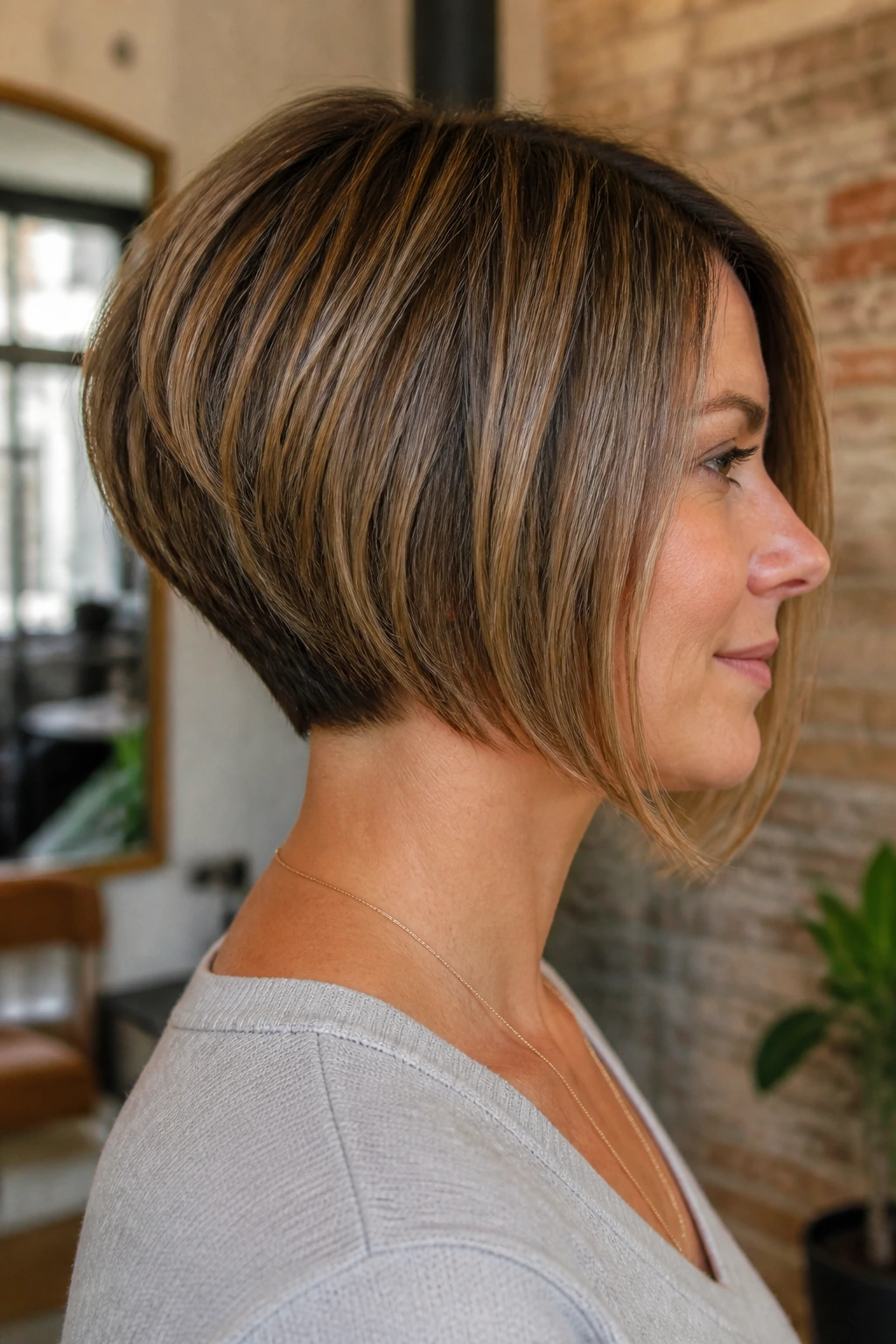 Profile view of a woman with stacked nape A-line
