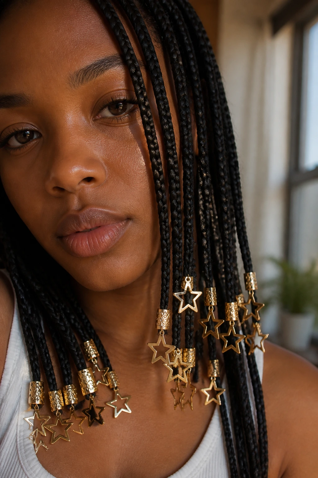 Close-up of star-shaped cuffs on braids worn by a real person
