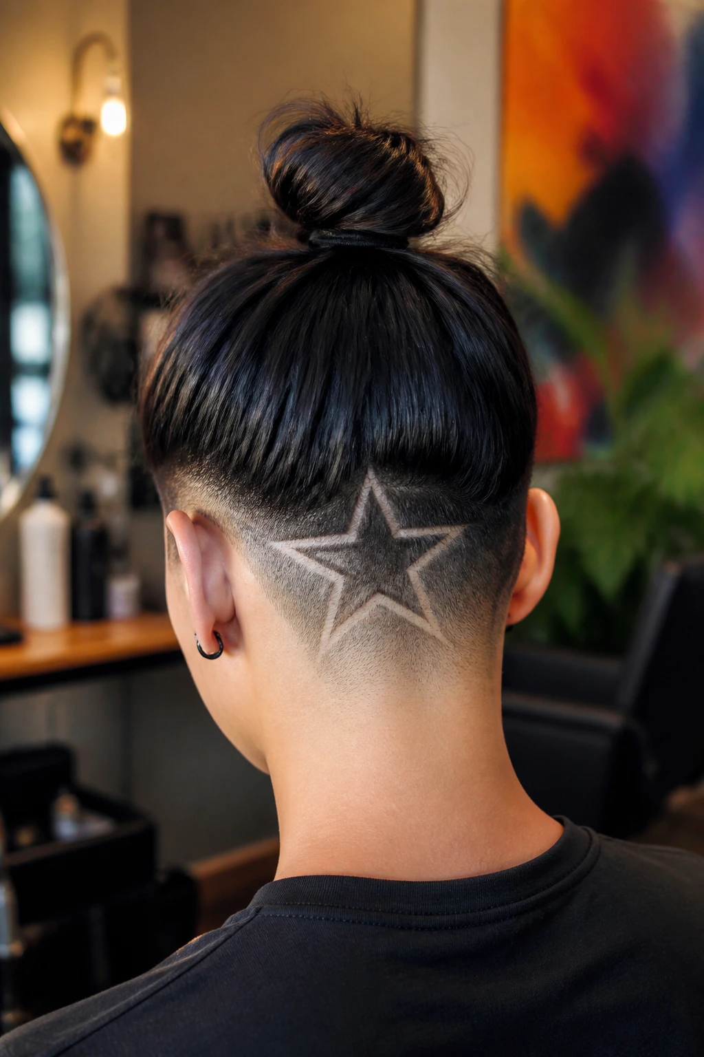 Back view of a head with a star pattern shaved into the back of the hair.