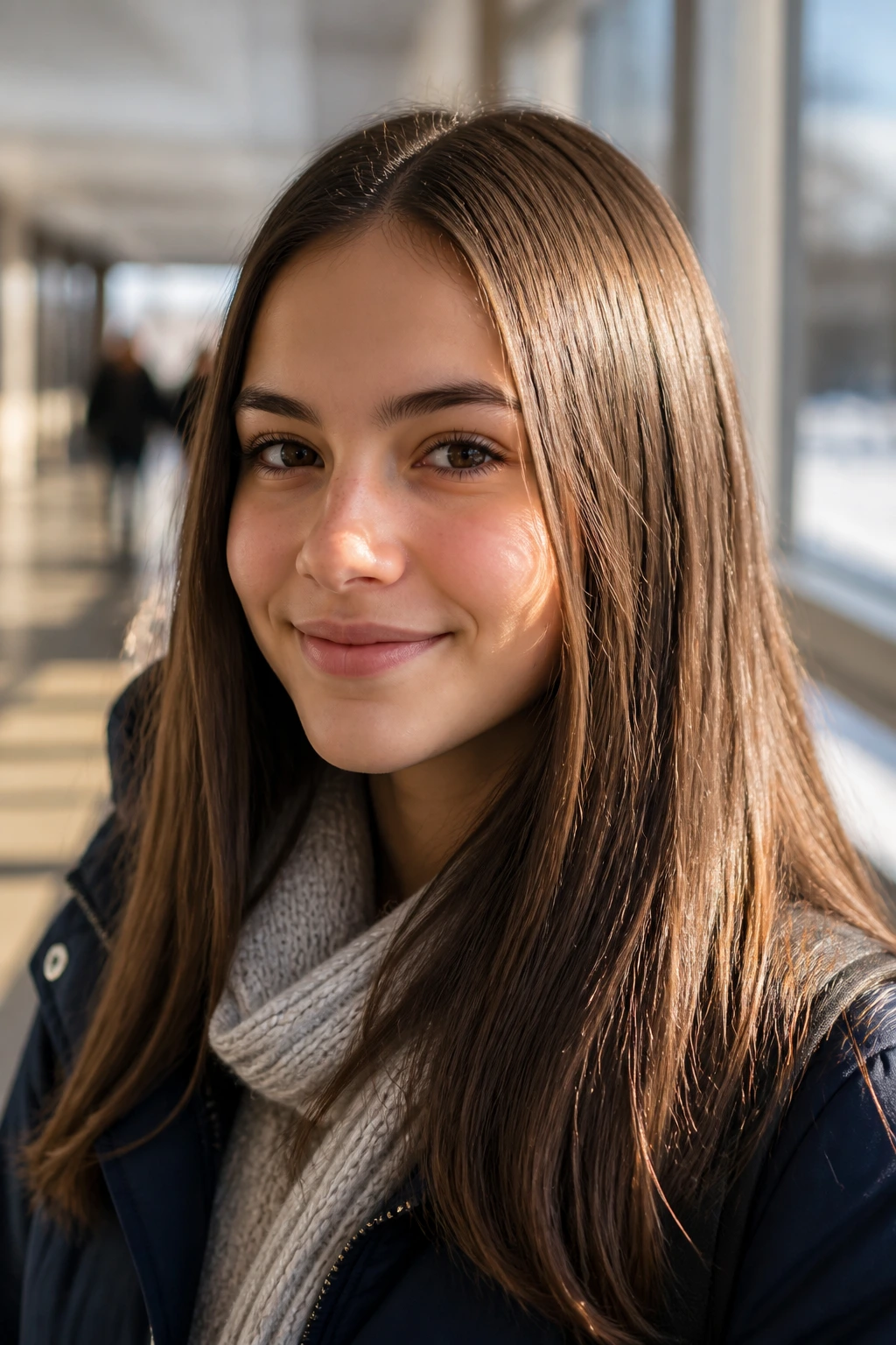 Close-up of a student with static-free hair in a winter school hallway after coconut oil