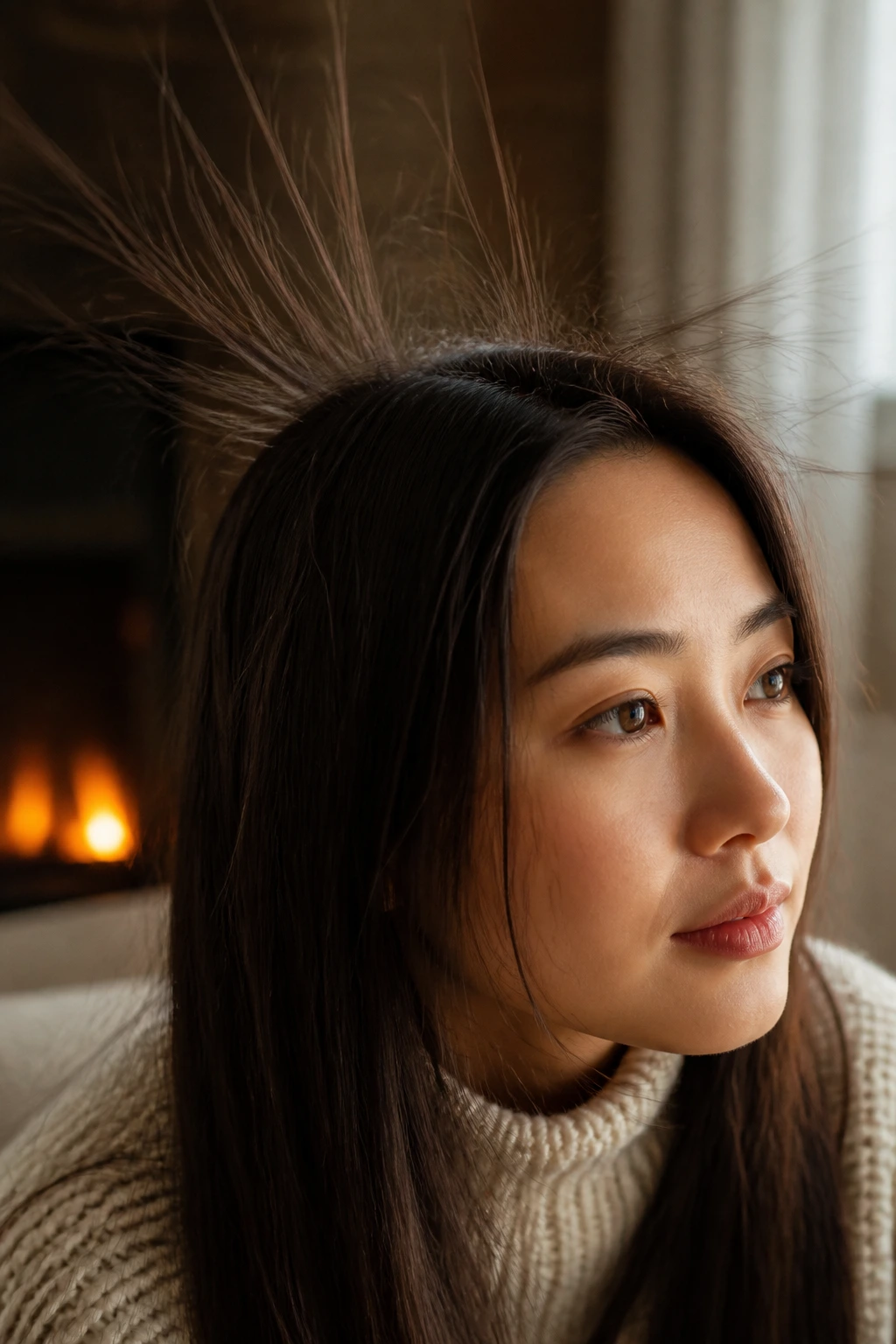 Close-up of static-free hair on a real person in a warm indoor setting