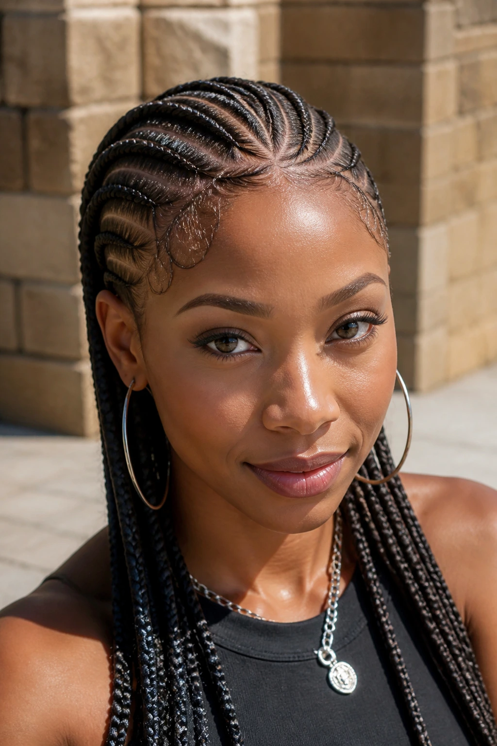 Real person with stitch braids featuring horizontal lines