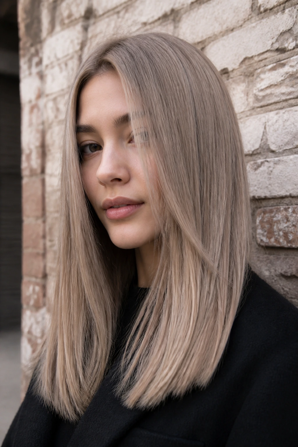 Close-up portrait of a woman with stone-washed beige hair against an urban brick wall.