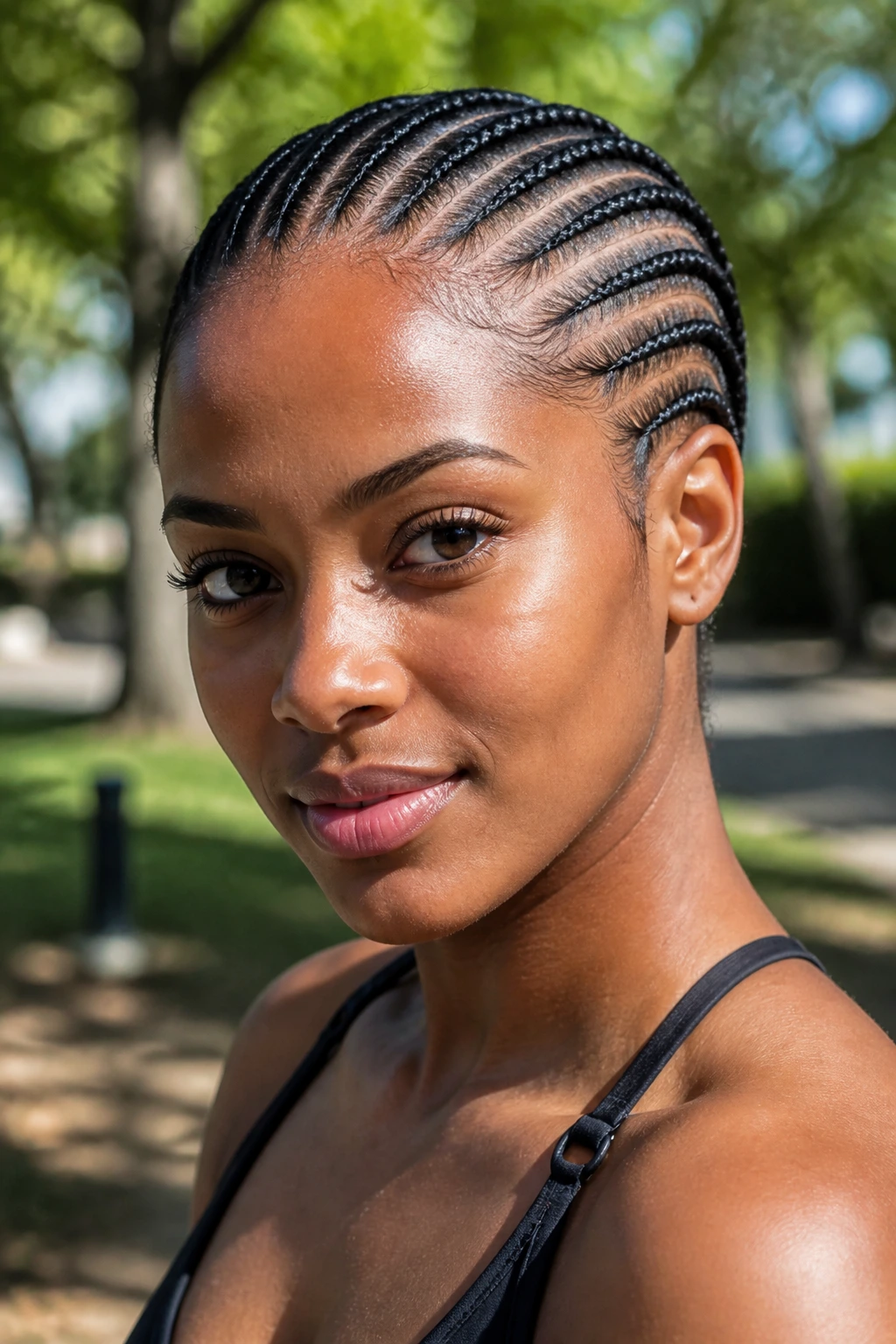 Close-up of a real woman with straight-back cornrows in an outdoor park