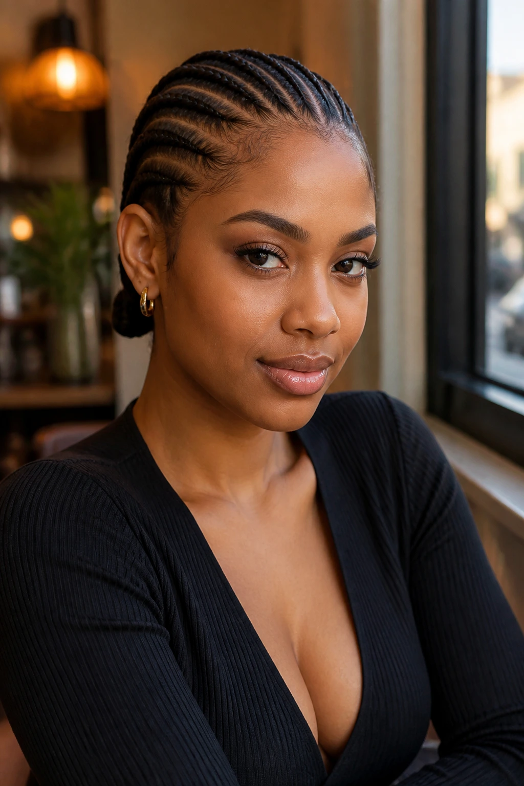 Close-up portrait of straight-back cornrows with razor-straight parts on a real woman, cafe lighting
