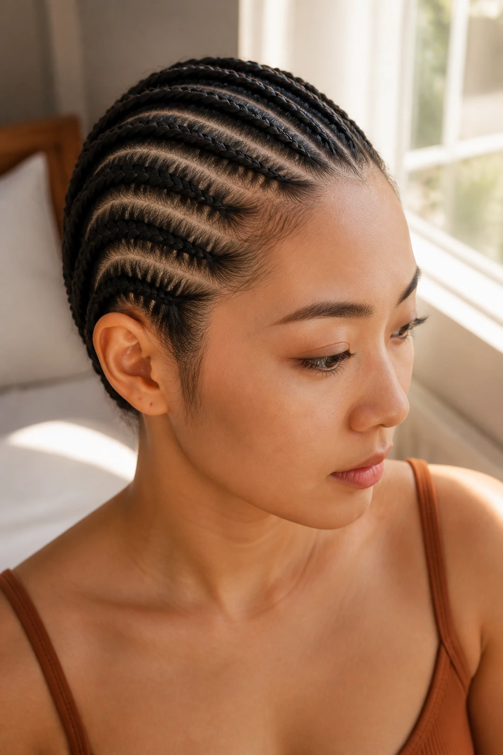 Close-up of a real person with classic straight-back cornrows from hairline to nape in window light