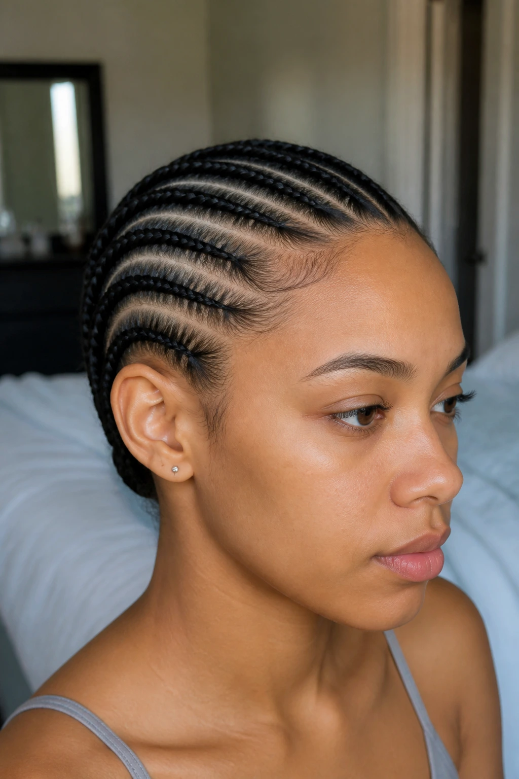 Close-up portrait of a real woman with classic straight-back cornrows from hairline to nape