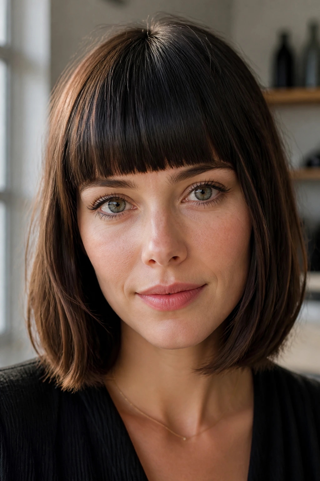 Close-up of a real woman with straight-across fringe in soft lighting