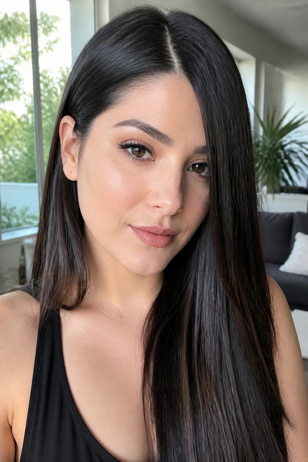 Portrait of a real woman with long straight hair and a center part.