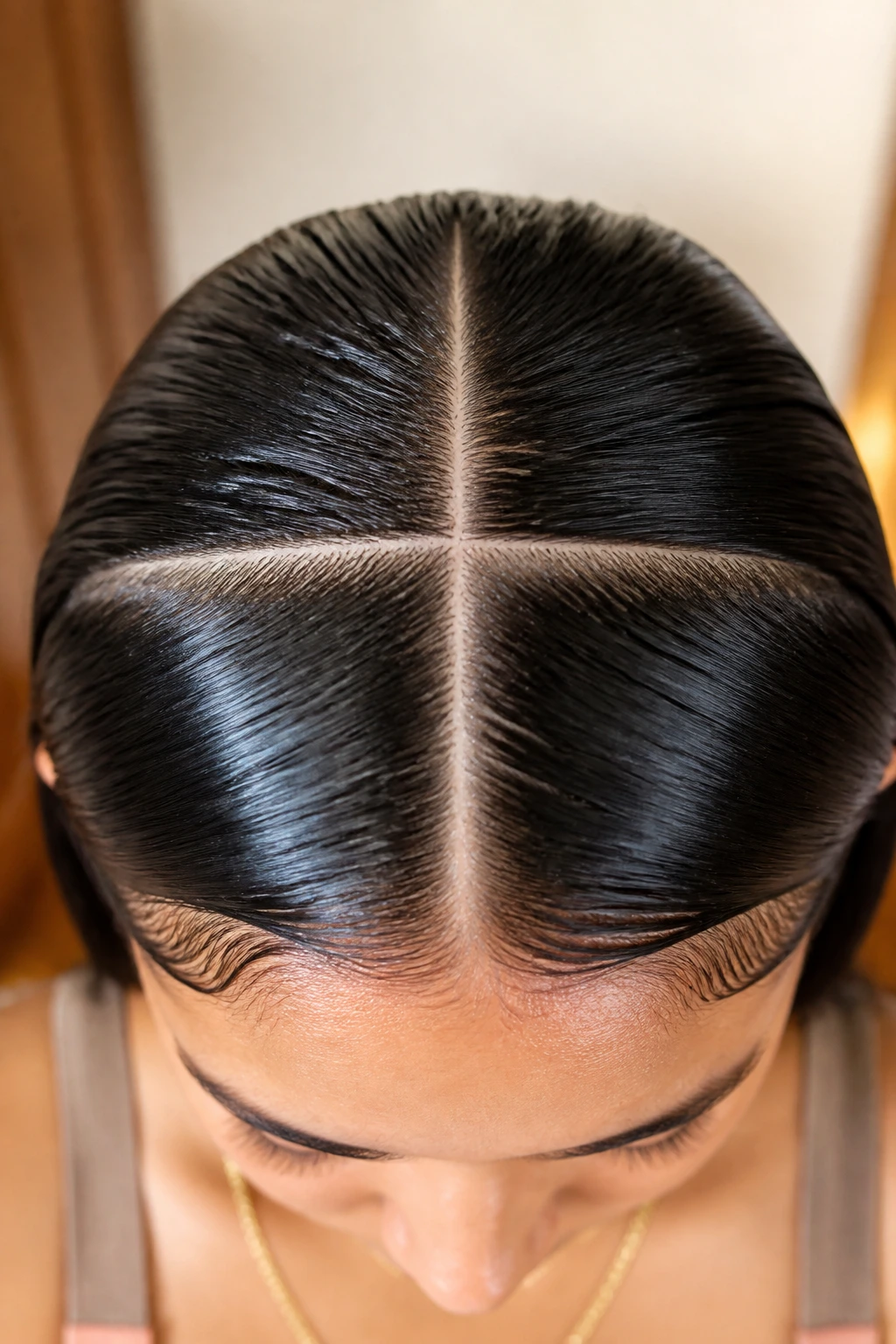 Top-down close-up showing four straight parts on a real scalp