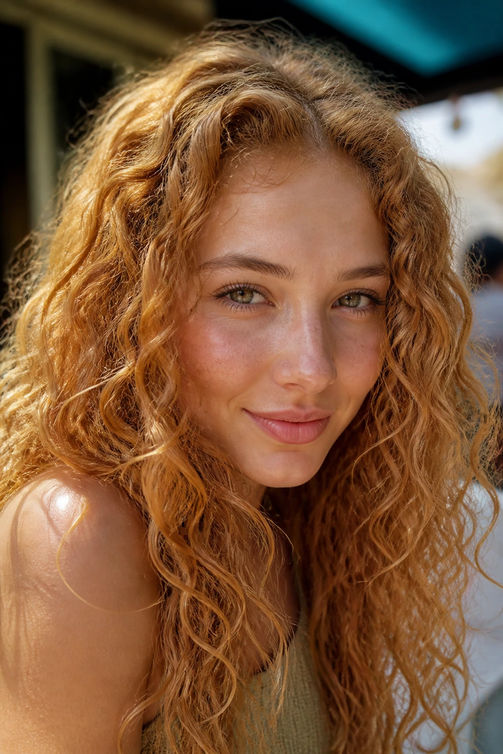 Close-up of real person's curls in sun-kissed strawberry blonde