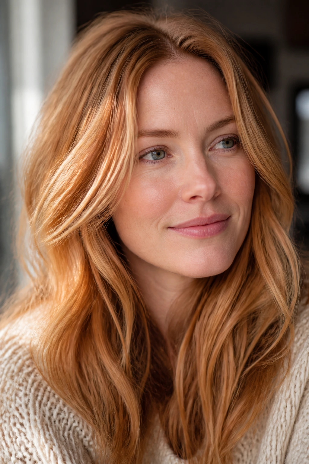 Close-up of strawberry blonde hair on a real person with warm tones.