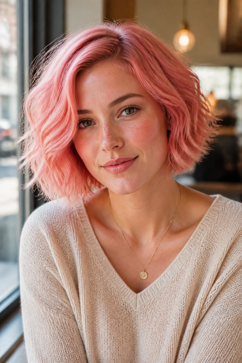 Close-up of real person with warm pink strawberry cream bob