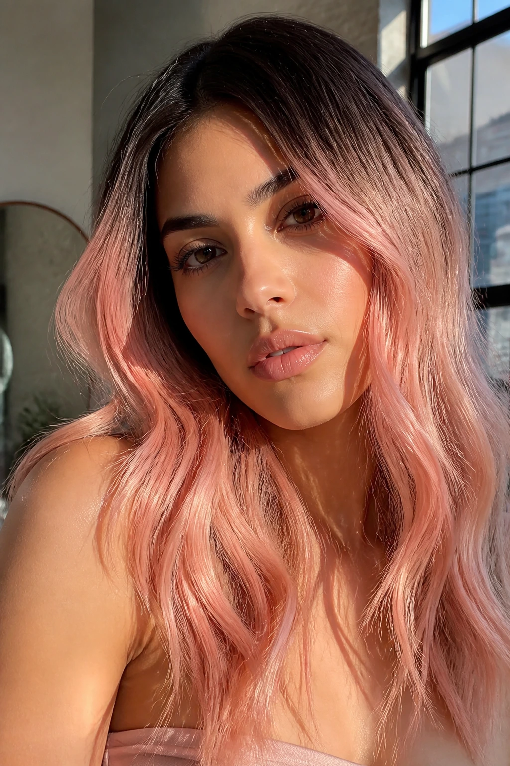 Close-up of a woman with espresso roots fading to nude pink ends in a high-contrast ombre
