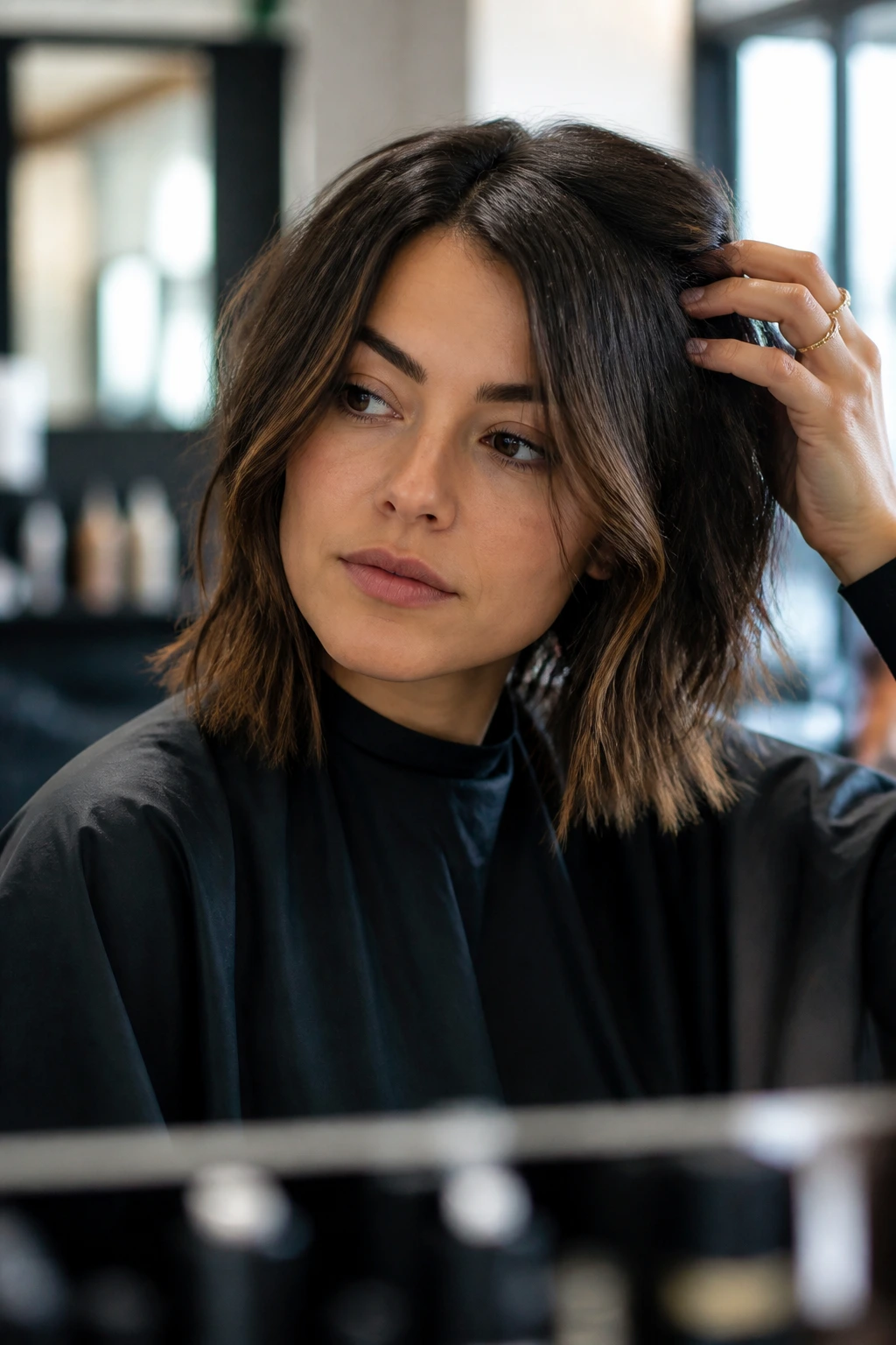 Close-up portrait of a real person in a salon evaluating hair growth, texture, and potential styles.