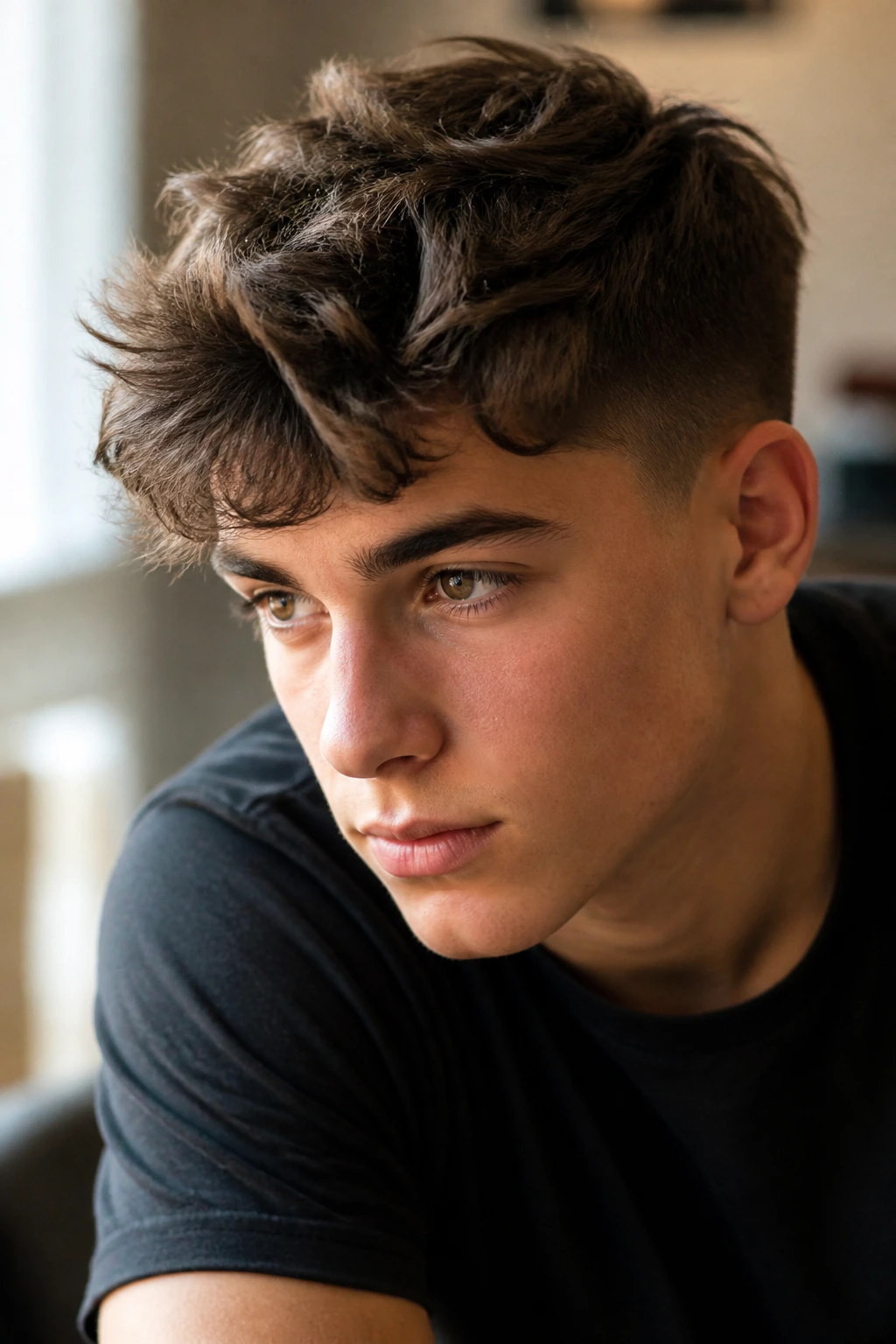 Teen with matte-finish styled hair in indoor light.