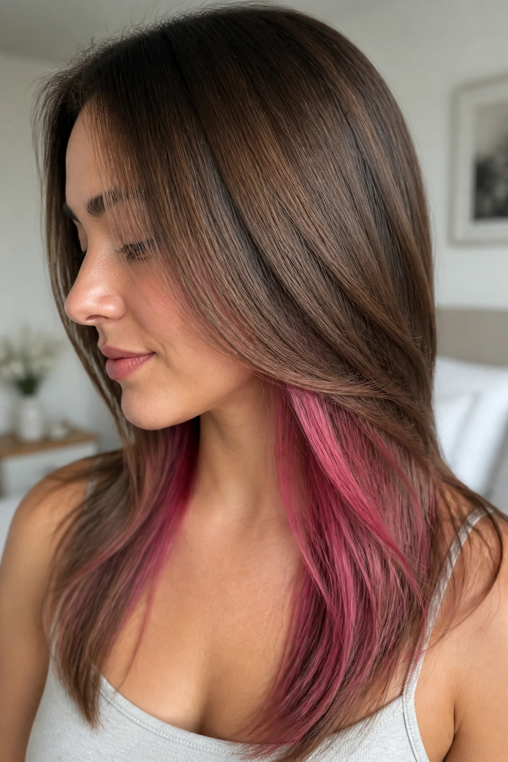 Real person with subtle hot pink lowlights under straight layered hair