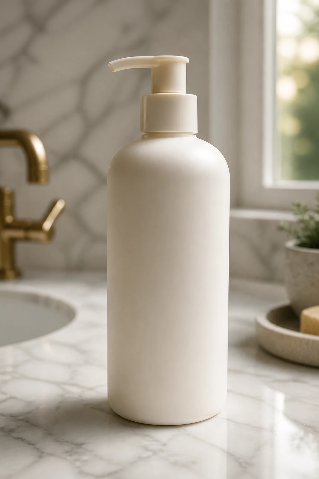 Close-up of a sulfate-free cleansing bottle on a bathroom counter