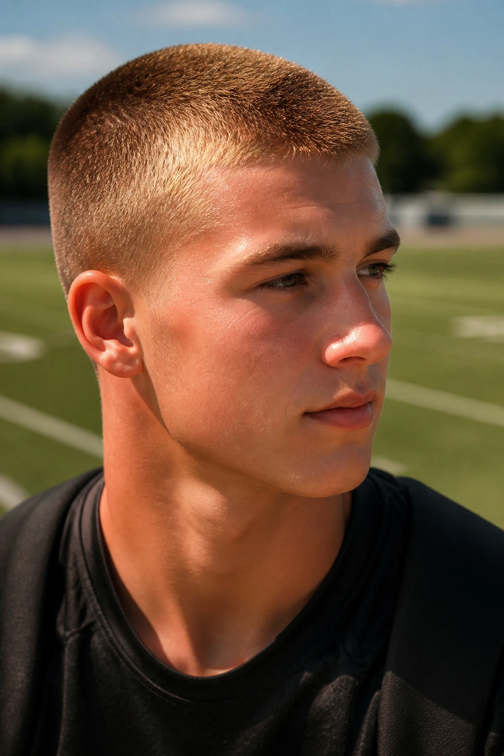 Close-up of sun-kissed natural buzz cut on real person outdoors