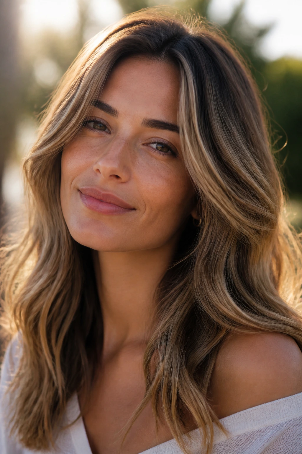 Close-up portrait of a real person with subtle sun-kissed highlights in golden-hour outdoor light