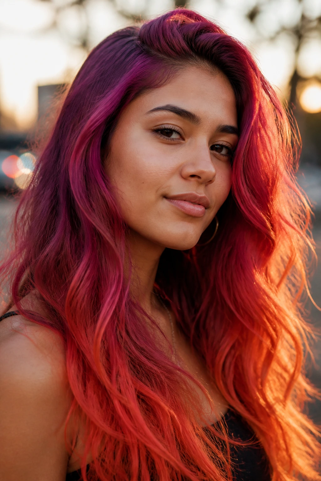 Portrait of a person with sunset gradient hair transitioning from purple-pink to orange-red
