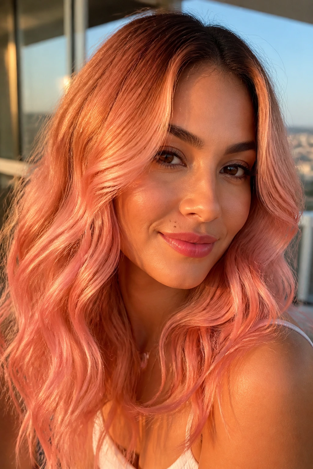 Close-up of hair gradient from orange to nude pink in sunset-inspired colors