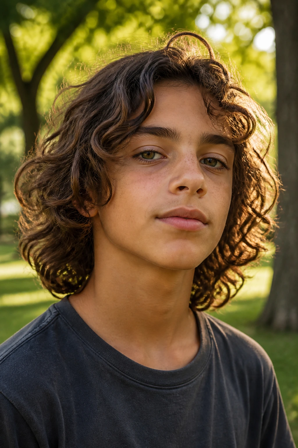 Close-up portrait of a real boy with shoulder-length surfer curls outdoors