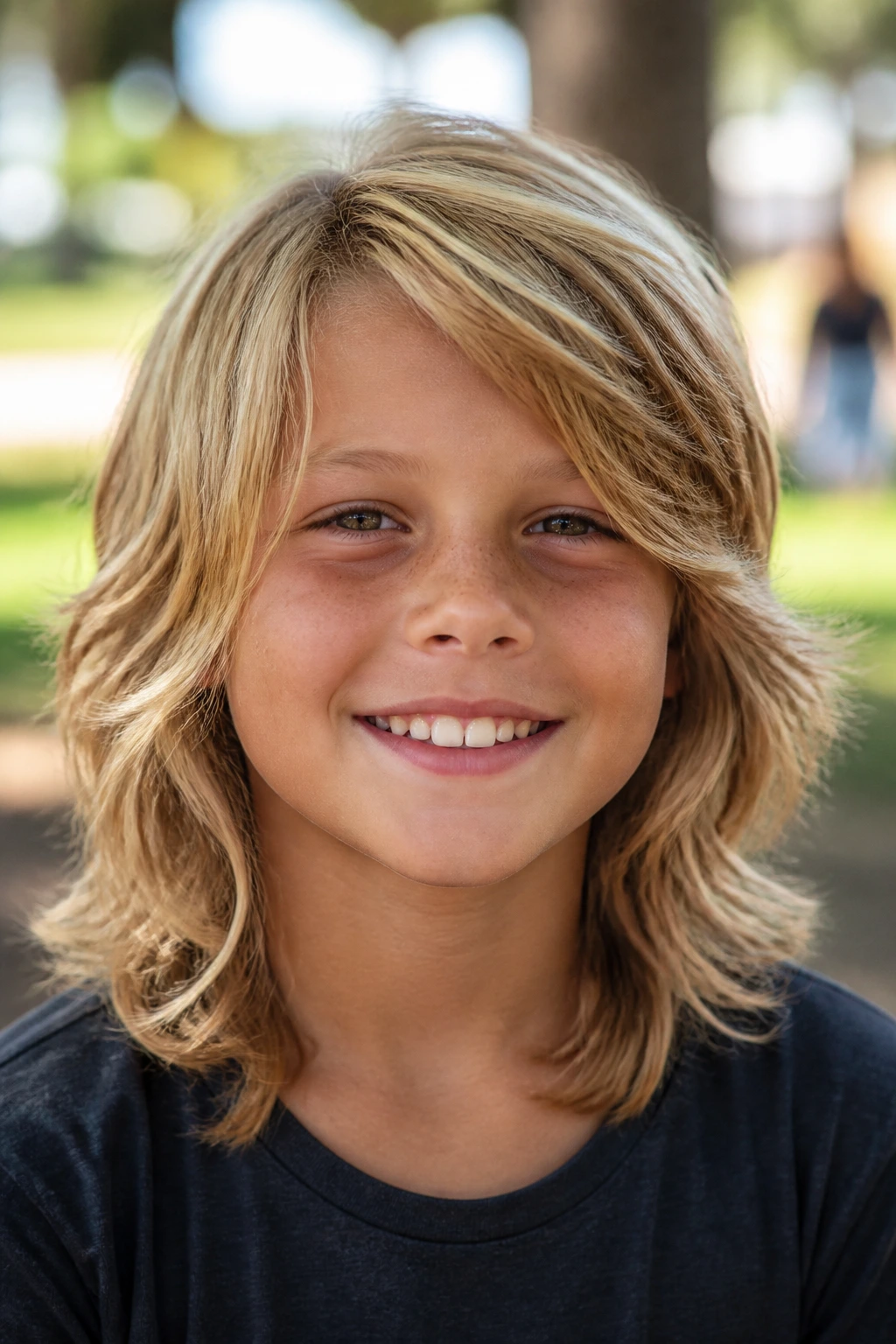 Close-up of a child with surfer cut hair outdoors