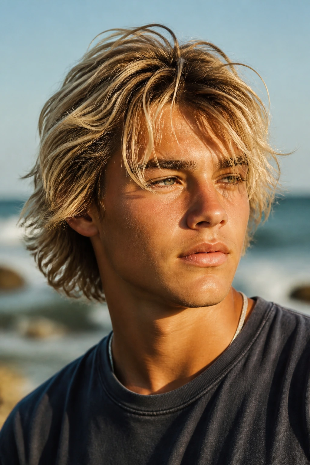 Close-up portrait of teen with surfer cut featuring bleached beachy hair