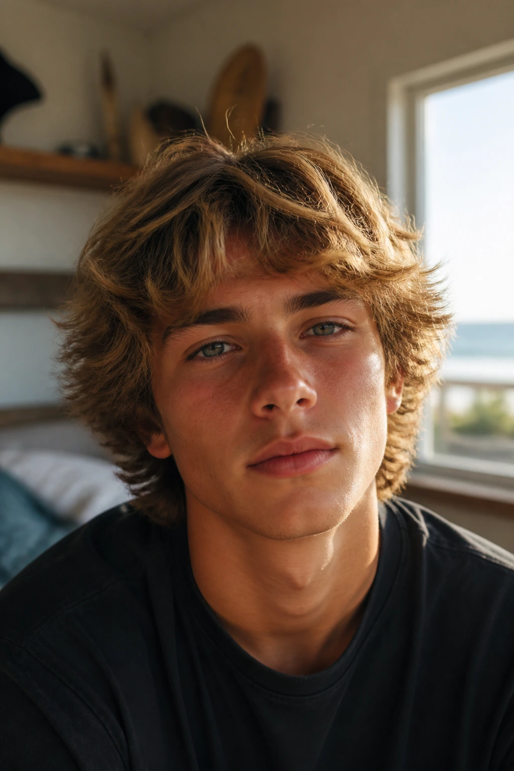 Close-up portrait of a teen with surfer-inspired shag hairstyle in natural window light