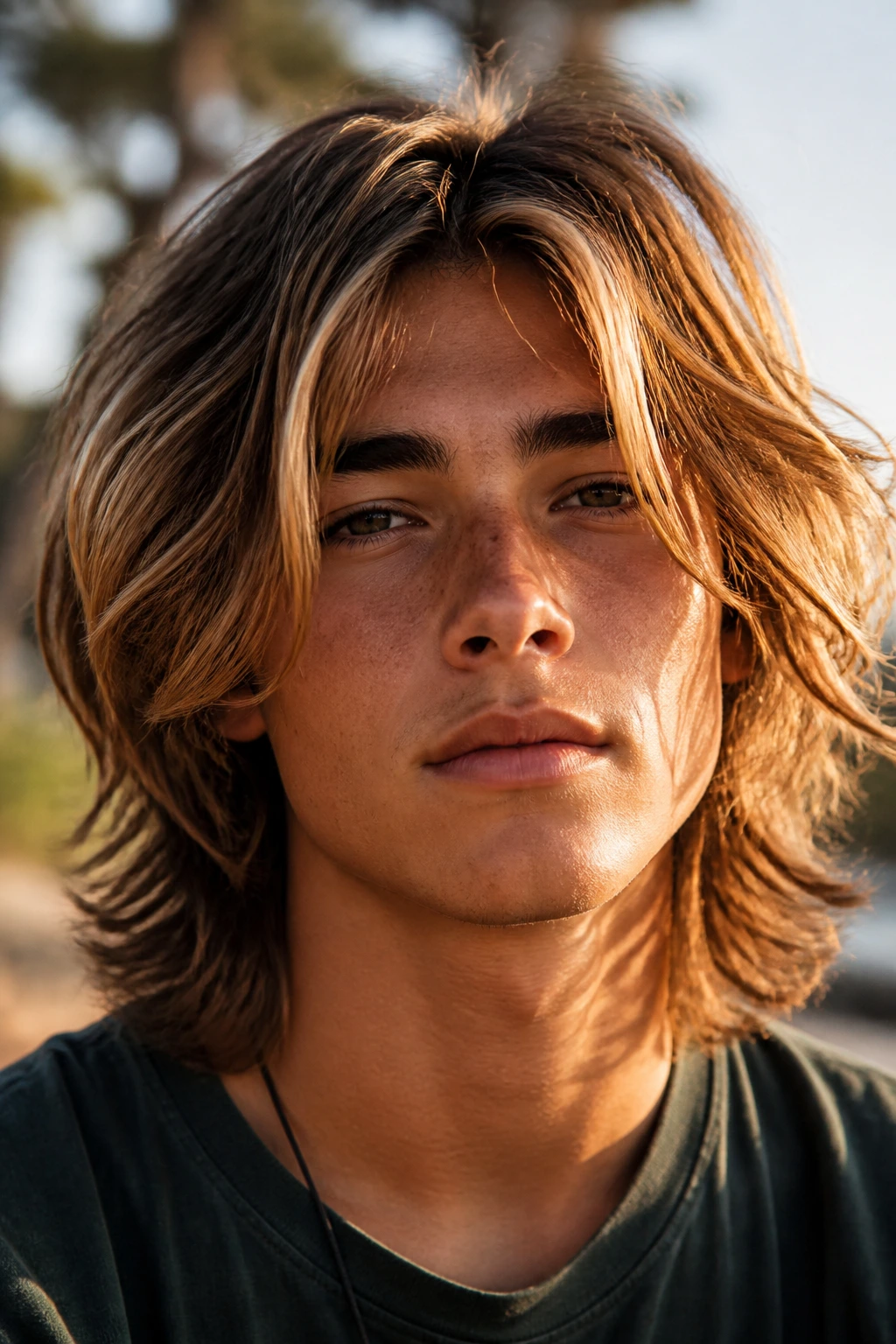 Close-up of a real teen with long surfer-style layered hair in golden hour light