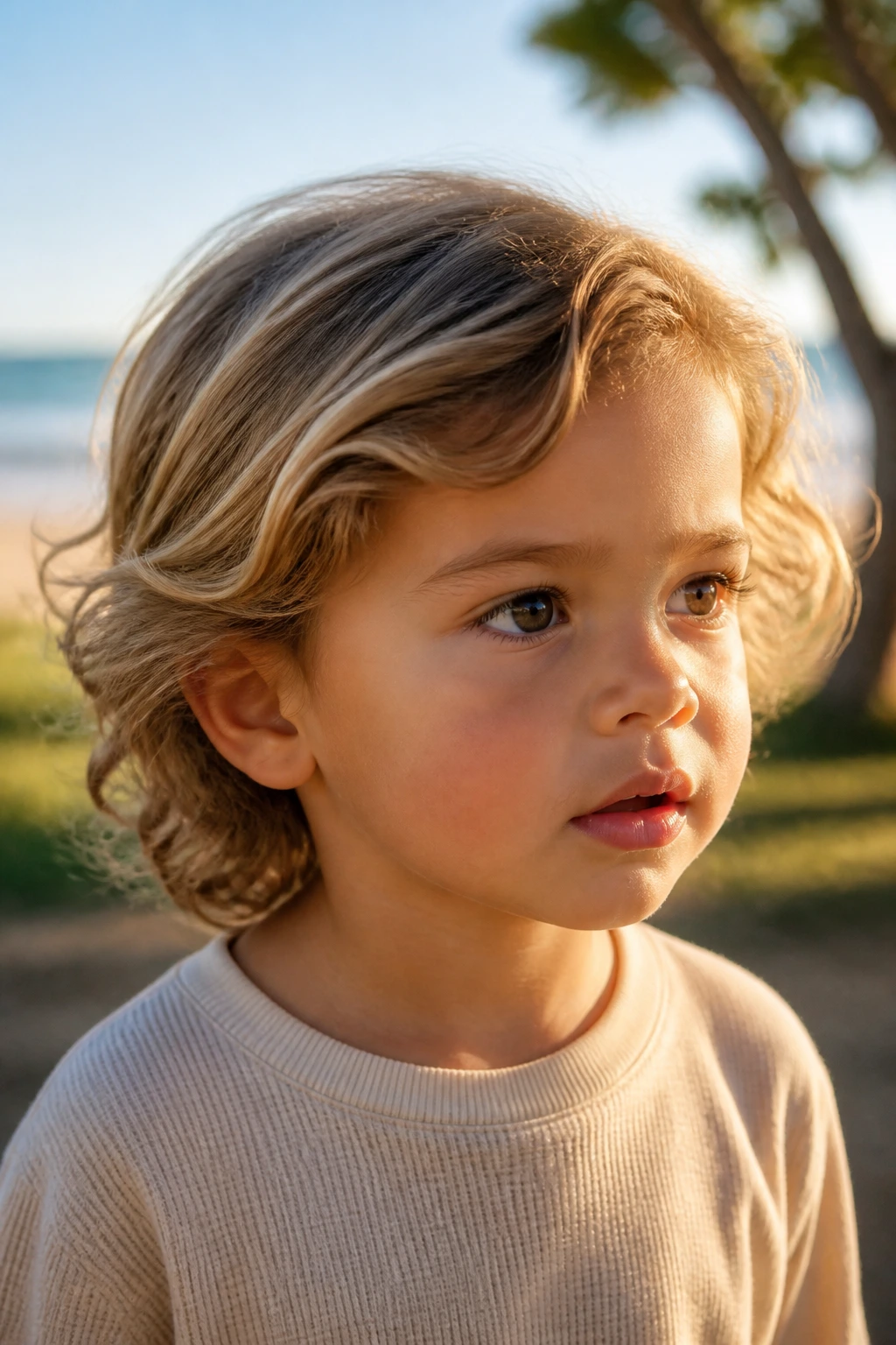 Close-up of toddler with surfer wave hairstyle at the beach