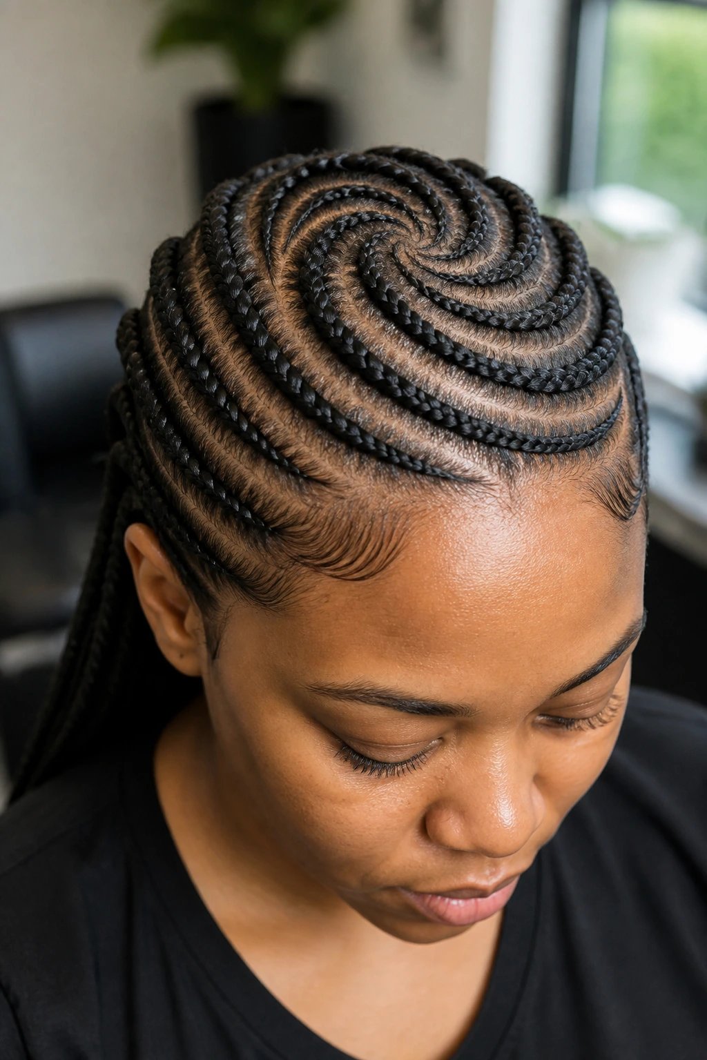 Close-up of a real woman with swirl crown cornrows in natural light