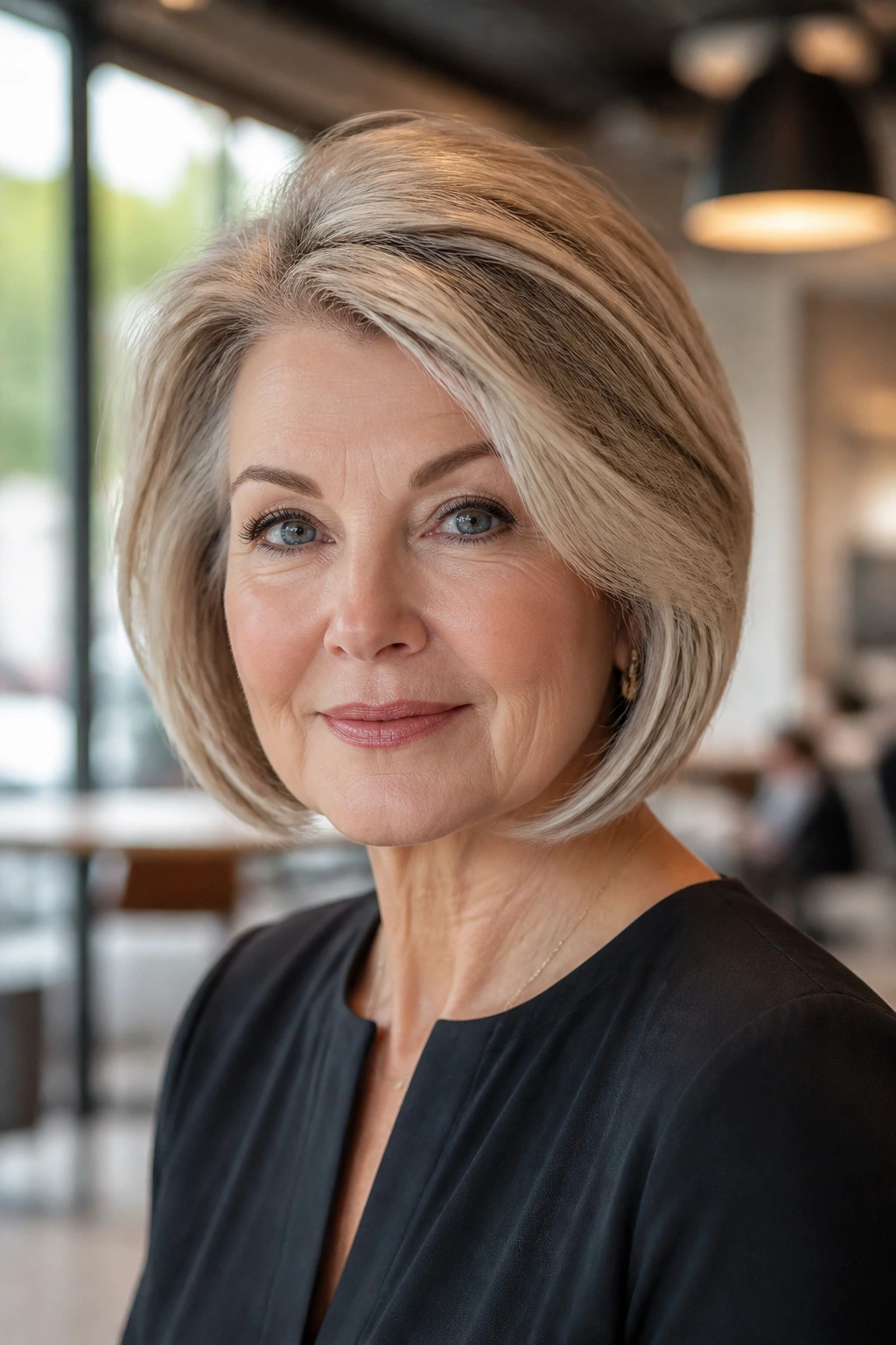 Portrait of a real woman with a swoop bob and root lift