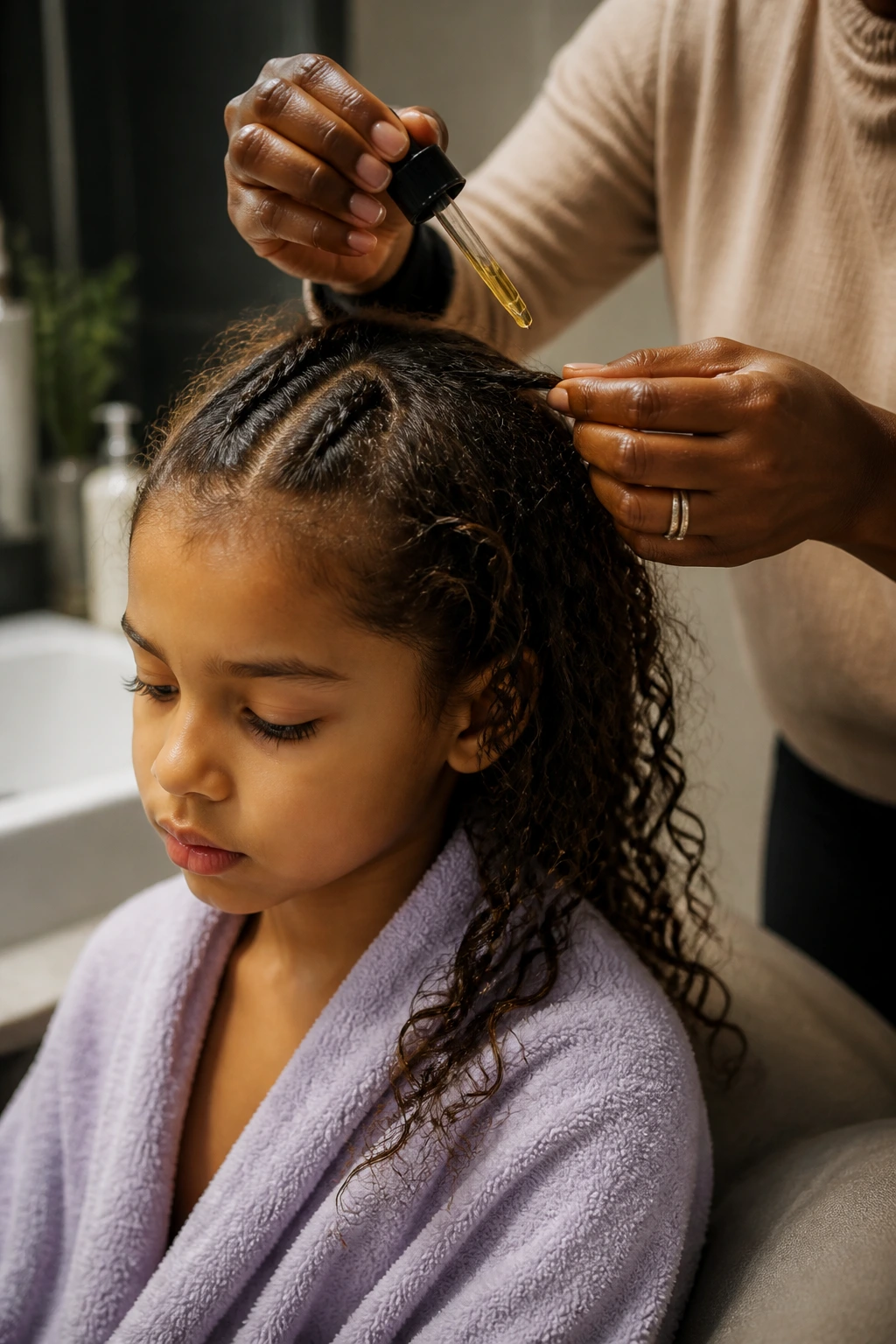 Caregiver removes braids from a child's curly hair with oil in a bathroom