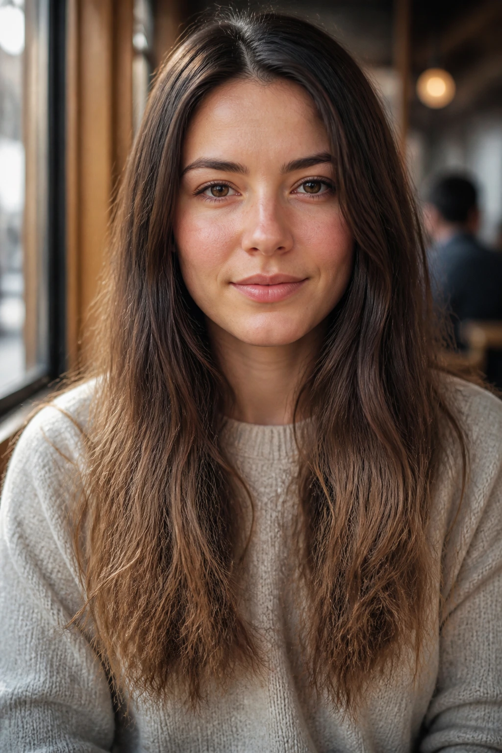Close-up portrait showing tangled bottom hair ends with a smooth top in a cafe setting.