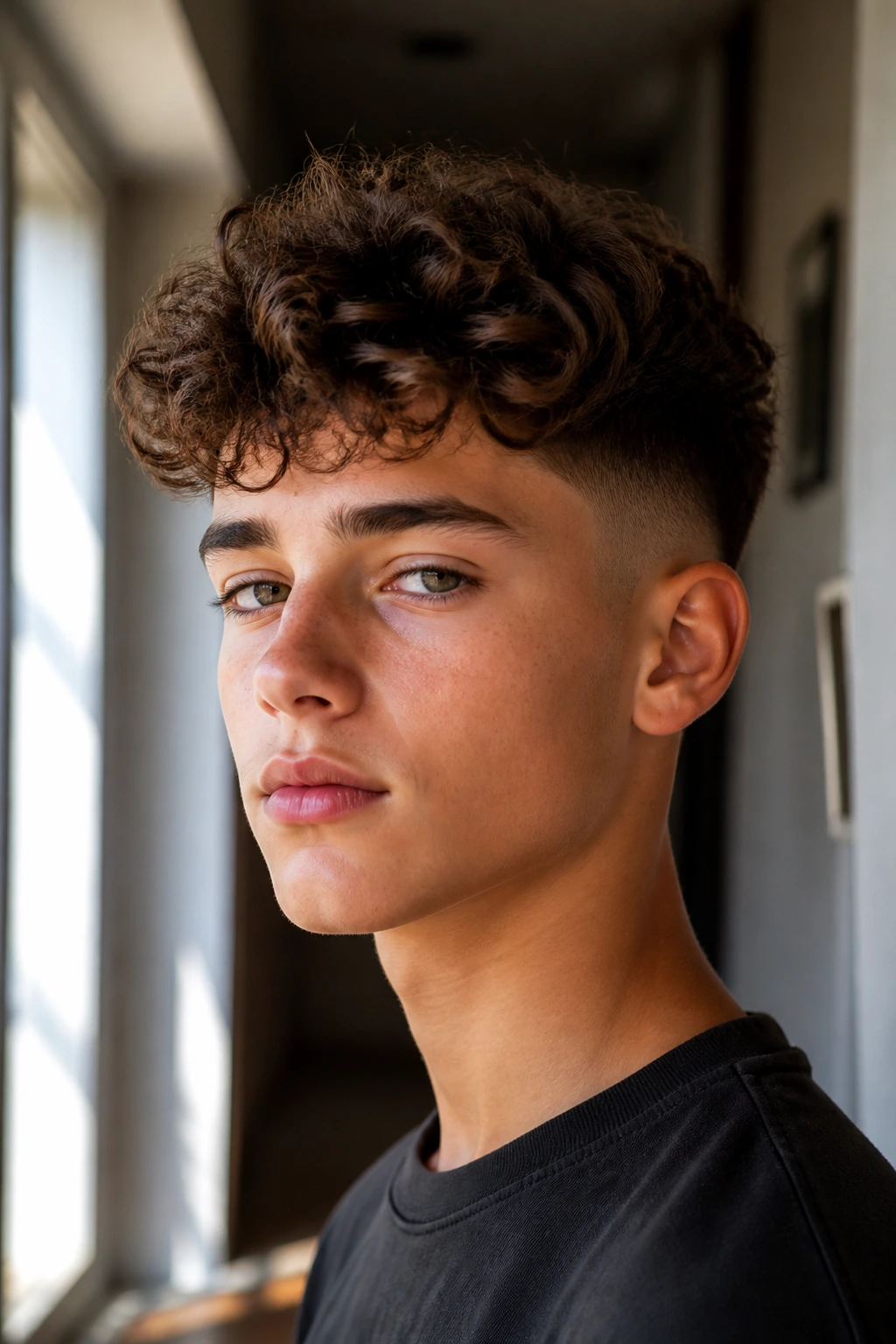Close up of a real boy with a tapered fade and textured curls on top