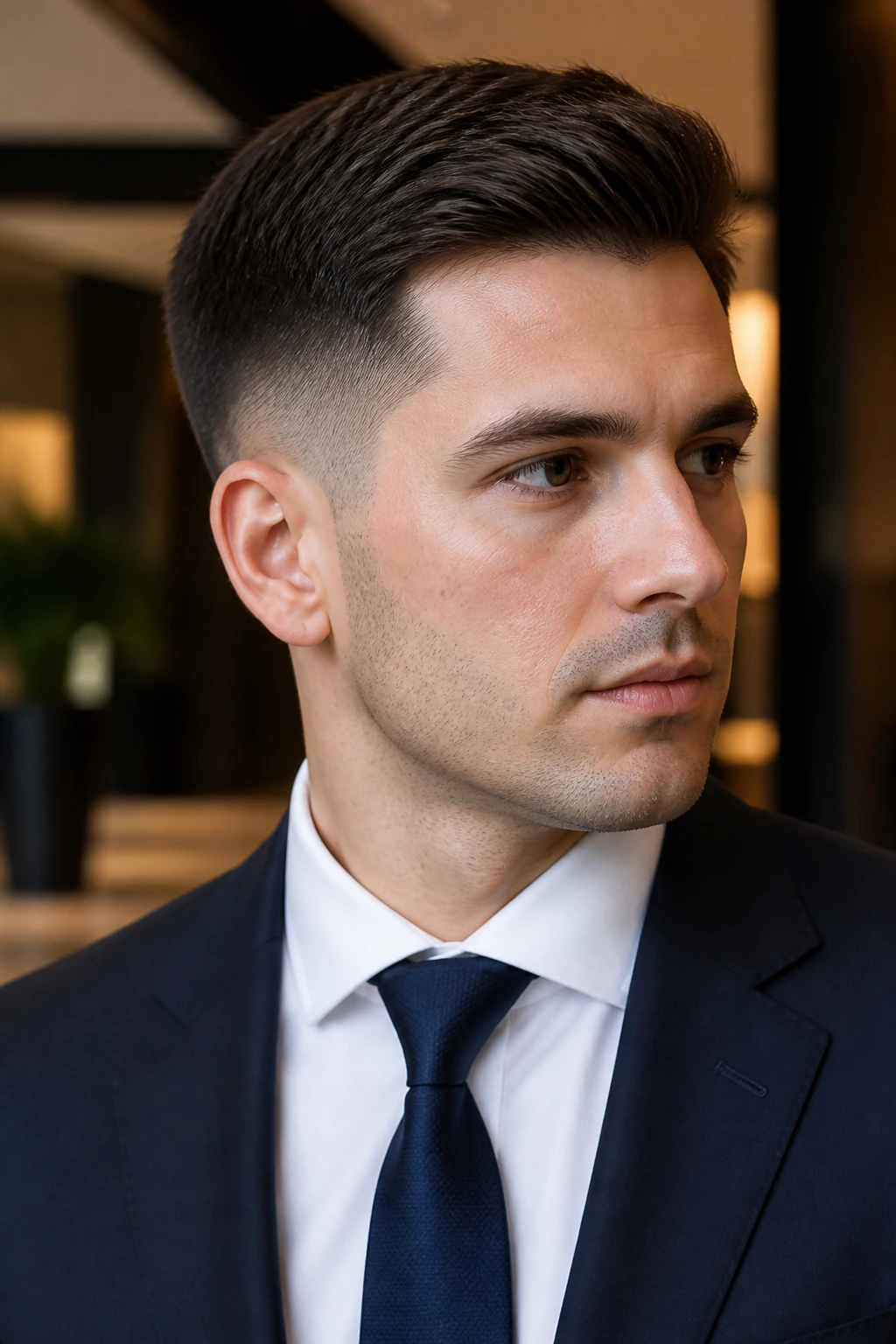 Portrait of a man with a modern taper fade in an office lobby.