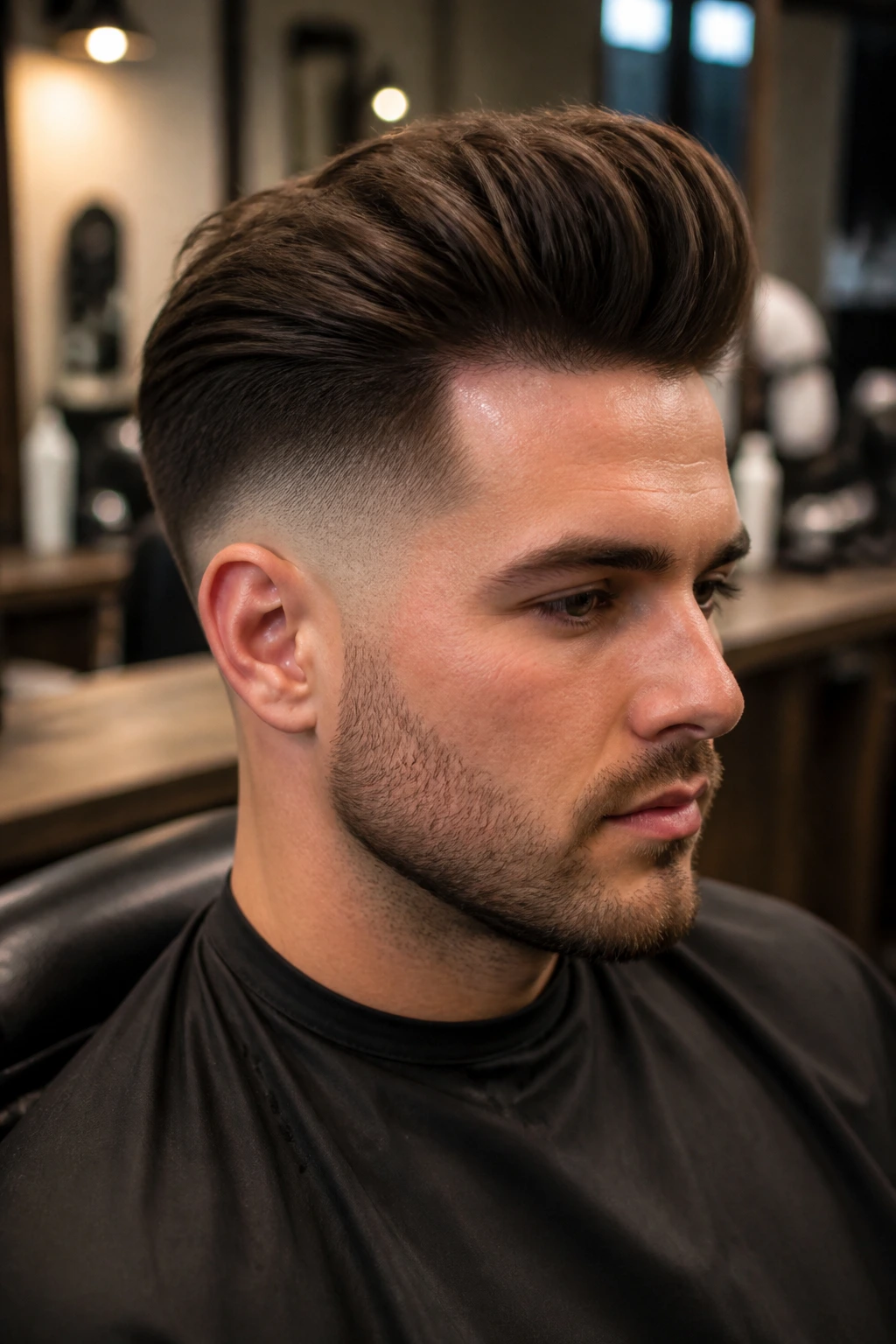 Profile portrait of a man with taper fade pompadour, showing blended sides.