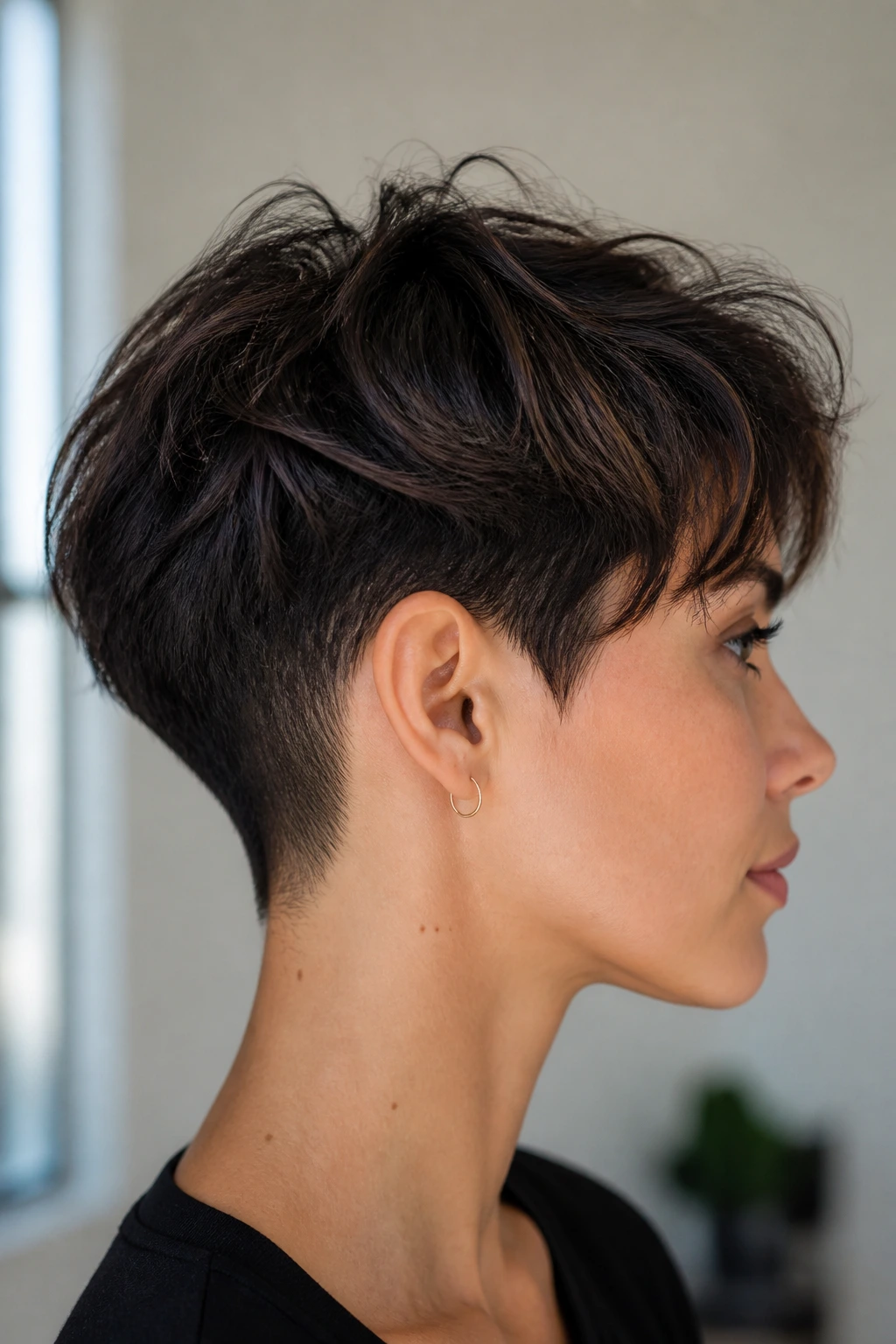 Portrait of a person showing a tapered back haircut with wispy crown layers.