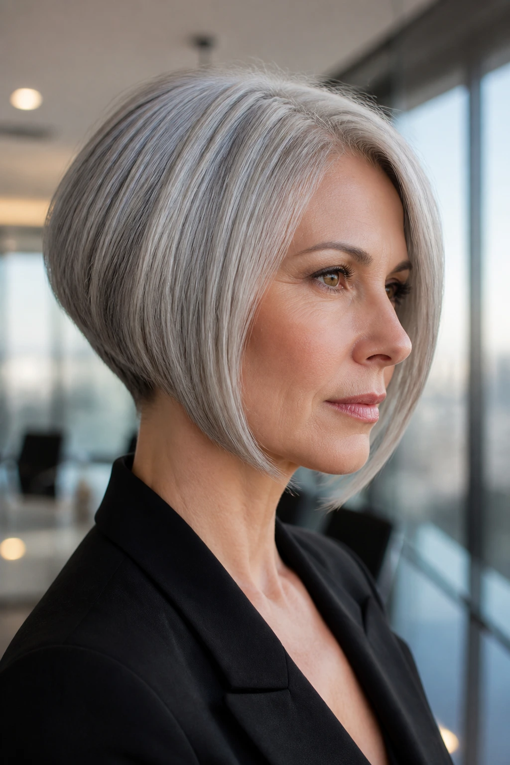 Close-up portrait of a real woman with a tapered bob and grey hair in an office setting