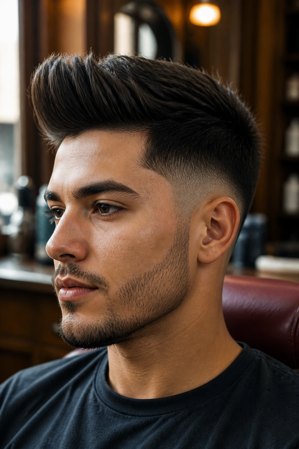 Close-up portrait of a real man with a tapered fade quiff in a barbershop setting