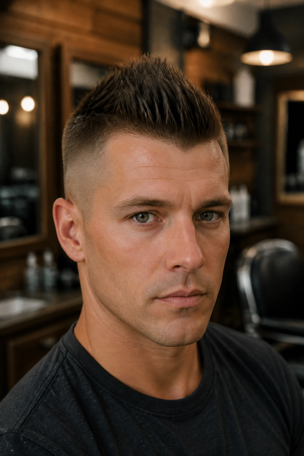 Close-up portrait of The Classic Tapered Fohawk on a real man in a warm barber shop, center strip, tapered sides.
