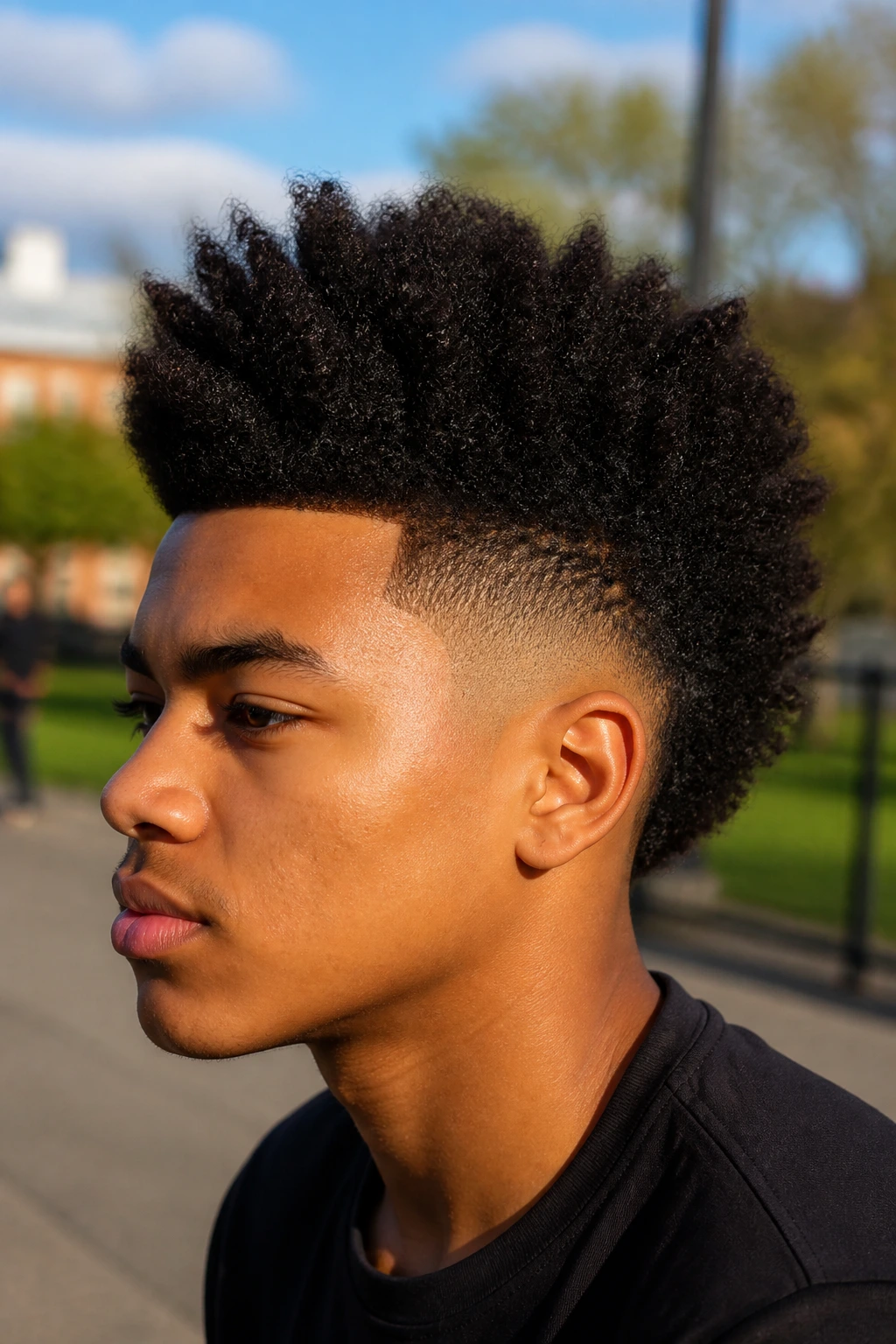 Teen with tapered frohawk in outdoor daylight